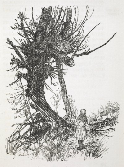 A Cheshire Cat egy fán néz le Alice-re alkotó: Arthur Rackham