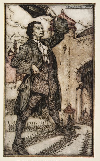 The Emperor of Lilliput Reviews His Troops, Gulliver utazásai, Jonathon Swift (1667-1745), pub. 1909 (színes litó) alkotó: Arthur Rackham