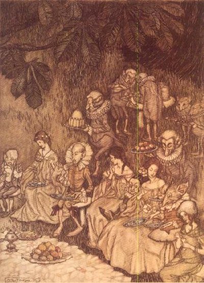 „The Feast” a „Peter Pan in Kensington Gardens”-ből, J. M. Barrie alkotó: Arthur Rackham