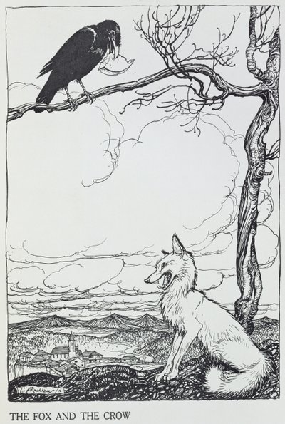 A róka és a varjú, illusztráció az „Aesopus meséiből”, kiadó: Heinemann, 1912 (metszet) alkotó: Arthur Rackham