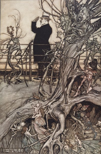 A Kensington Gardens Londonban található, ahol a király él ..", Pán Pétertől a Kensington Gardensben, J M Barrie (1860-1937), publikáció 1906 (színes litó) alkotó: Arthur Rackham
