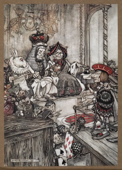 A Szívek Knaveja a vádlottak padján a Királynő és a Szívek Királya előtt, akiket a torták ellopásával vádolnak alkotó: Arthur Rackham