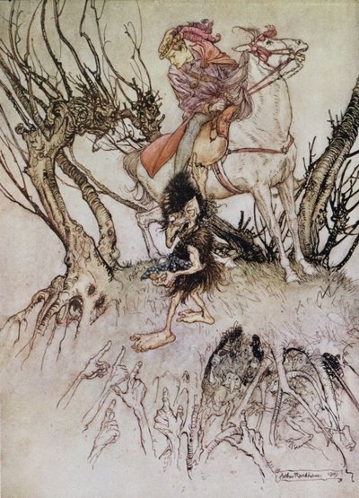 Hulbrand lovag gnómmal, de la Motte Fouque báró „Undine” című meséjének illusztrációja, 1909 alkotó: Arthur Rackham
