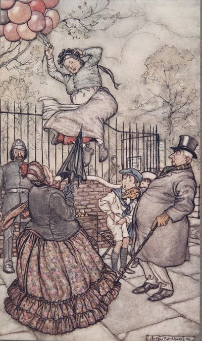 A hölgy a léggömbökkel, aki közvetlenül kívül ül, Peter Pan-től a Kensington Gardensben, J M Barrie (1860-1937), pub. 1906 alkotó: Arthur Rackham
