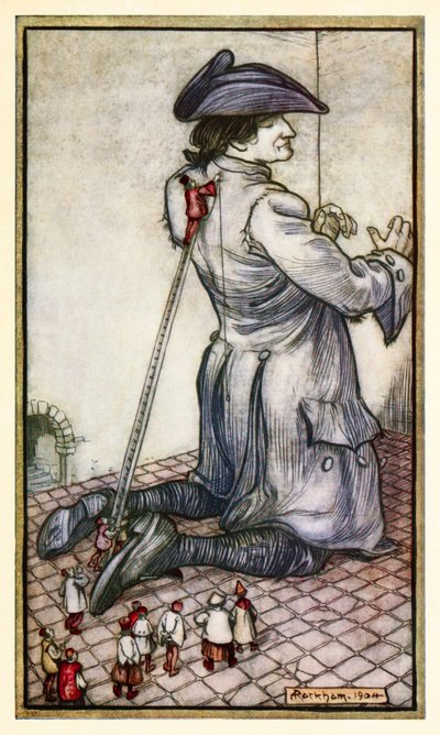 A liliputi szabók új öltönyt mérnek Gulliverre az I. részből: Utazás Lilliputra a Gullivers utazásokban (Jonathan Swift) alkotó: Arthur Rackham