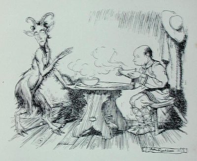 Az ember és a kecske, illusztráció az „Aesopus meséiből”, kiadó: Heinemann alkotó: Arthur Rackham