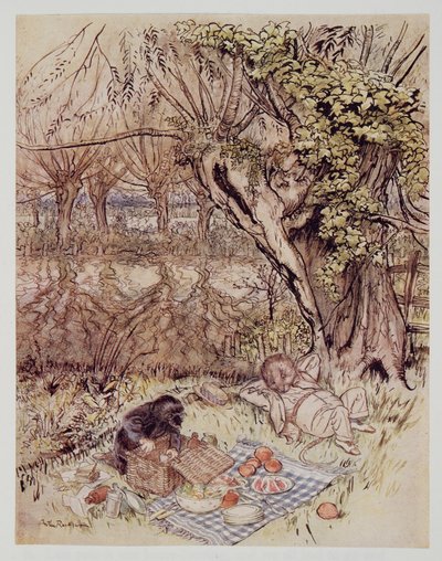 A Vakond szívességből könyörgött, hogy engedjék meg neki, hogy egyedül bontsa ki az egészet Kenneth Grahame (1859-1932), kocsma Wind in the Willows című művéből. 1940 alkotó: Arthur Rackham