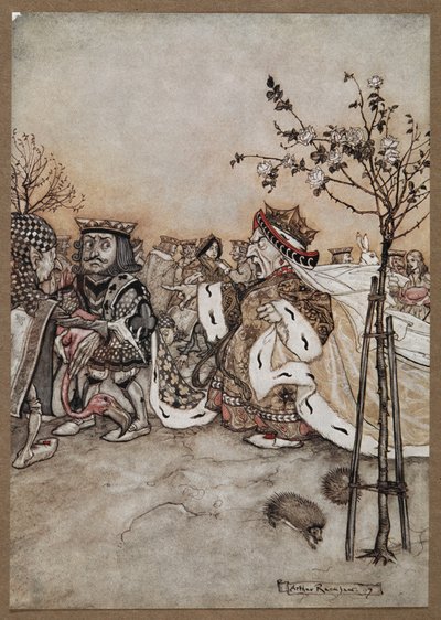 A szívek királynője dühösen kiabál a krokett játék után alkotó: Arthur Rackham