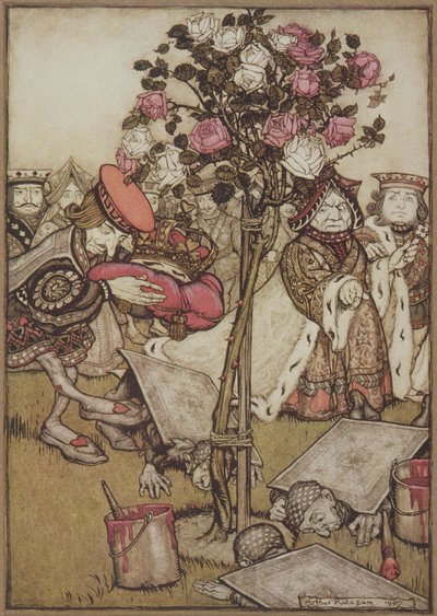 A királynő dühösen elfordult tőle, és azt mondta a Károsnak: „Fordítsd meg őket” az Alice Csodaországban című könyvéből, Lewis Carroll, kocsma. 1907 (színes litó) alkotó: Arthur Rackham