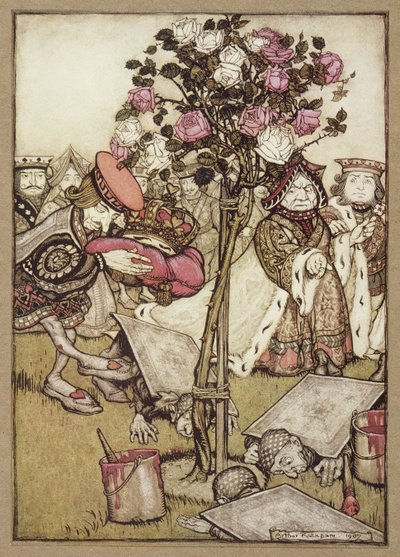 A királynő dühösen elfordult tőle, és azt mondta a Károsnak: „Fordítsd meg őket” az Alice Csodaországban című könyvéből, Lewis Carroll, kocsma. 1907 (színes litó) alkotó: Arthur Rackham