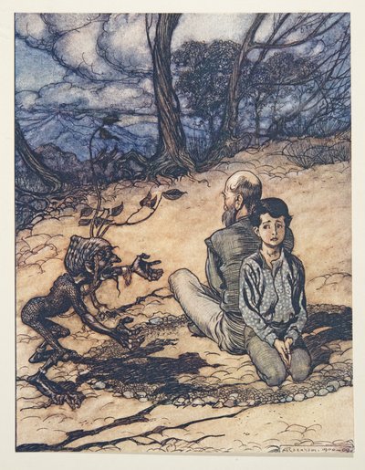 A Fiú tett egy kört, Apja és ő elfoglalták a helyüket benne, és megjelent a kis fekete Mannikin a Grimm testvérek meséiből, kocsmából. 1909 alkotó: Arthur Rackham