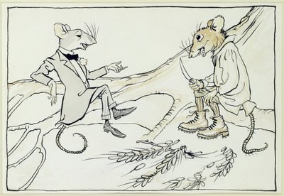 A városi egér és a vidéki egér, illusztráció az Aesops Fables-ból, 1912-ben (toll és tinta WC-vel papíron) alkotó: Arthur Rackham