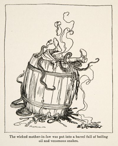 A gonosz anyóst egy forró olajjal és mérges kígyókkal teli hordóba tették, a Little Brother & Little Sister és a Grimm testvérek más meséiből, pub.1917 (litho) alkotó: Arthur Rackham