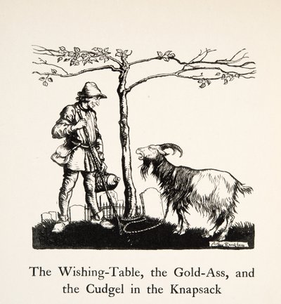A kívánságasztal, az aranyszamár és a bújó a hátizsákban, a Little Brother & Little Sister és a Grimm testvérek egyéb meséiből, pub.1917 (litho) alkotó: Arthur Rackham