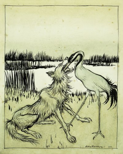 A farkas és a daru – Aesops-mesék, 1912 alkotó: Arthur Rackham