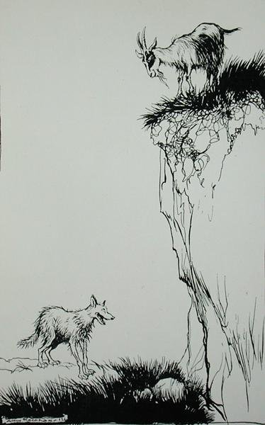 A farkas és a kecske, illusztráció az „Aesopus meséiből”, kiadó: Heinemann alkotó: Arthur Rackham
