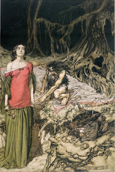 Grimhilde udvarlása, Hagen anyja Richard Wagner Siegfried és Az istenek alkonya című művéből, Margaret Armour fordításában, 1911 alkotó: Arthur Rackham