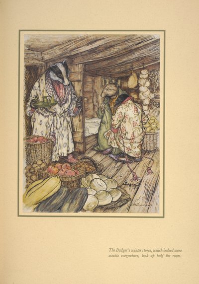 A borz téli raktárai, amelyek valóban mindenhol látszottak, a fél helyiséget elfoglalták. alkotó: Arthur Rackham