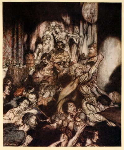 A bankettterem zűrzavaros volt, illusztrációja James Stephens „Irish Fairy Tales” című művéből alkotó: Arthur Rackham
