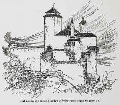 A Briar Rose (Csipkerózsika) töviseivel körülvett kastély alkotó: Arthur Rackham