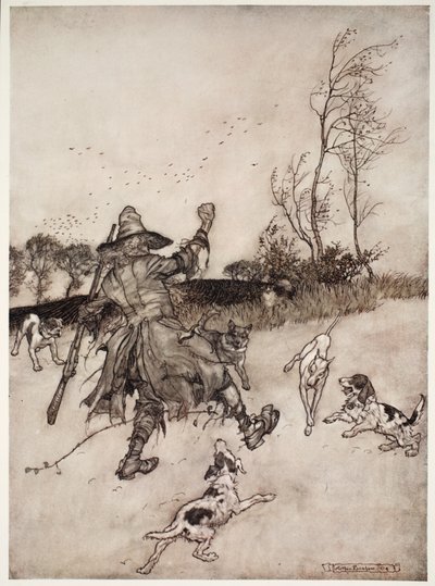 A kutyák is, akik közül nem egy régi ismerősét ismerte fel, megugatták, ahogy elhaladt mellette. Rip Van Winkle-től Washington Irving, kocsma. 1910 alkotó: Arthur Rackham
