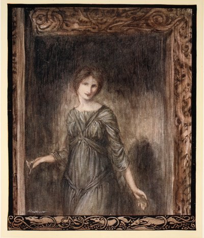 Finoman kinyílt Fionn kamrájának ajtaja, és egy fiatal nő lépett be a szobába, illusztrációja James Stephens „Irish Fairy Tales” című művéből, 1920. alkotó: Arthur Rackham