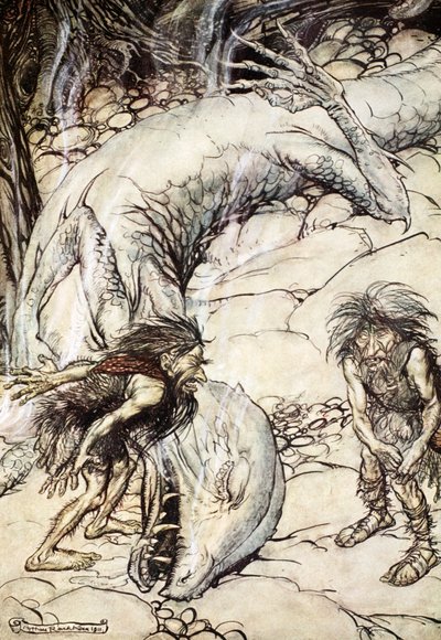 „A törpök veszekednek Fafner testén”, 1924. alkotó: Arthur Rackham