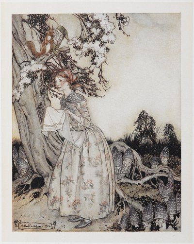 A szép szobalány, aki május elsején hajnalban a mezőre megy. alkotó: Arthur Rackham