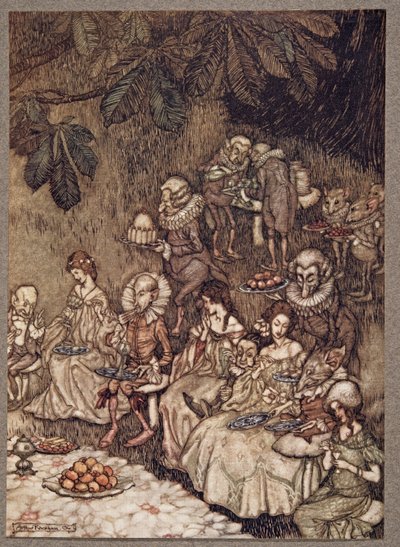 A tündérek körbeülnek a gombákon, és eleinte jól viselkednek. Peter Pan a Kensington Gardensben, J M Barrie (1860-1937), kocsma. 1906 alkotó: Arthur Rackham