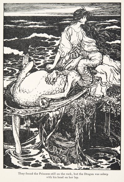 A hercegnőt még a sziklán találta, de a Sárkány fejét az ölében aludt, a Grimm testvérek tündérmeséiből, kocsmából. 1909 alkotó: Arthur Rackham