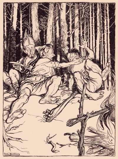 Az óriás a mellette ülőnek egy dobozt adott a fülére. Illusztráció: Arthur Rackham a Grimm meséjéből, Az ügyes vadász c. alkotó: Arthur Rackham