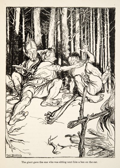 Az óriás egy dobozt adott a mellette ülőnek a fülére, a Little Brother & Little Sister és a Grimm testvérek más meséiből, pub.1917 (litho) alkotó: Arthur Rackham