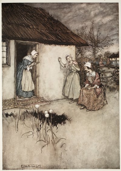 A falu jó feleségei soha nem vallottak kudarcot, esti pletykájuk során Dame Van Winkle-t hibáztatták, a Rip Van Winkle-től, Washington Irving, kocsma. 1910 alkotó: Arthur Rackham