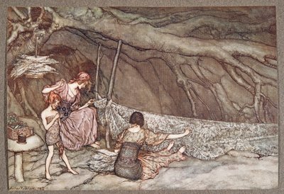 A kis emberek csontvázlevelekből szövik nyári függönyeiket .. , J M Barrie (1860 - 1937), kocsma, a Kensington Gardensben található Peter Pan-től. 1906 alkotó: Arthur Rackham