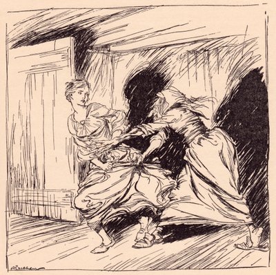 Az öregasszony megragadta a köntösénél, és megpróbálta erősen tartani. Illusztráció: Arthur Rackham Grimm meséjéből, Az elvarázsolt fa című művéből. alkotó: Arthur Rackham