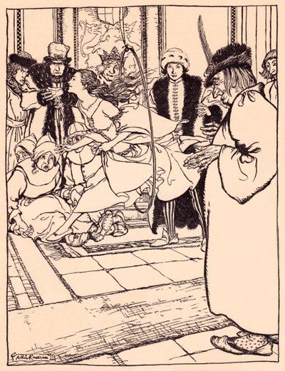 A csinos leány olyan könnyedén ugrott át a karikán, mint egy szarvas. Illusztráció: Arthur Rackham Grimm meséjéből, A három tollból. alkotó: Arthur Rackham