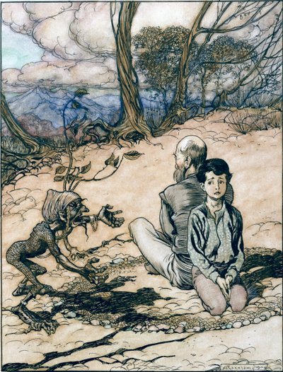 A fiú tett egy kört, apja és ő helyet foglaltak benne, és megjelent a kis fekete mannikin, az Aranyhegy királyának illusztrációja a Grimm testvérek meséiben, alkotó: Arthur Rackham