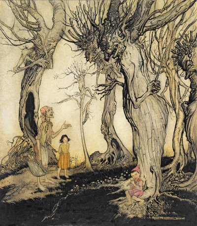 A fák és a fejsze az „Aesopus meséiből”, 1912 körül (toll és tinta WC-vel papíron) alkotó: Arthur Rackham