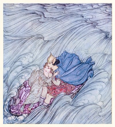 Úgy tűnt, hogy a világok hullámai örvénylettek el mellettük egyetlen hatalmas zöld szőnyegen a Becuma of the White Skin in Irish Fairy Tales alkotó: Arthur Rackham