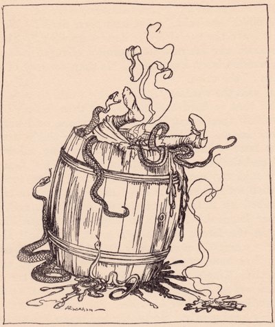 A gonosz anyóst egy forró olajjal és mérges kígyókkal teli hordóba tették. Arthur Rackham illusztrációja a 19. század végén megjelent Grimm tündérmeséjéből, A tizenkét testvérből. alkotó: Arthur Rackham