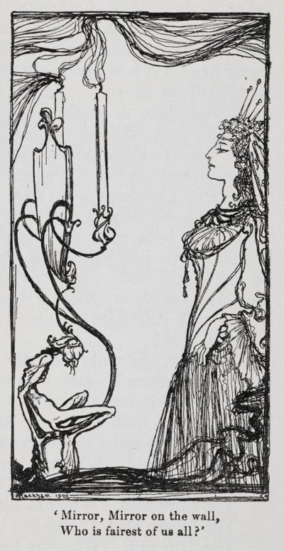 A gonosz királynő magát nézi a tükörben a Hóvirágból (Hófehérke) alkotó: Arthur Rackham