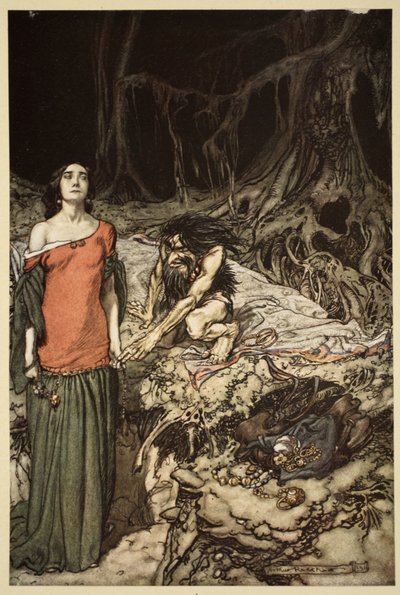 Grimhilde, Hagen anyjának udvarlása a „Siegfried és Az istenek alkonya”-ból, 1910 alkotó: Arthur Rackham