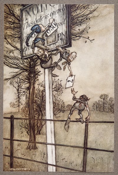 Ezek a trükkös tündérek néha ravaszul megváltoztatják a táblát egy báli estén... J M Barrie (1860-1937), kocsma: Peter Pan a Kensington Gardensben. 1906 alkotó: Arthur Rackham