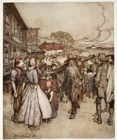 Körülötte tolongtak, és tetőtől talpig nagy kíváncsisággal szemlélték. Rip Van Winkle-től Washington Irving, kocsma. 1910 alkotó: Arthur Rackham