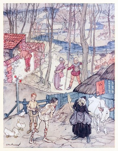 Felajánlottak egy tehenet tehenének minden lábáért, de a lány nem fogadta el ezt az ajánlatot, hacsak Fiachna óvadékot nem vállal a fizetésért. a Mongans Frenzy in Irish Fairy Tales-ből alkotó: Arthur Rackham