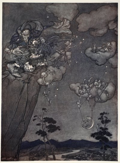 Egy régi sáfrány szellem uralta őket, aki felakasztotta az újholdakat az égre, és a régieket csillagokra vágta. Rip Van Winkle-től Washington Irving, kocsma. 1910 alkotó: Arthur Rackham