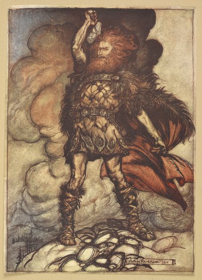 Thor felemeli a kalapácsát. alkotó: Arthur Rackham