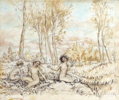 Három fa nimfa virágot gyűjt (toll, tinta és WC papíron) alkotó: Arthur Rackham