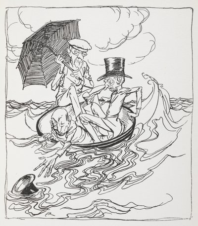Három férfi egy tálban a tengeren. alkotó: Arthur Rackham