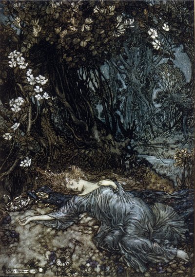 Titánia, a Fees királynője alszik. Illusztráció: Arthur RACKHAM (1867-1939) William SHAKESPEARE: Egy nyári éjszaka álmához alkotó: Arthur Rackham